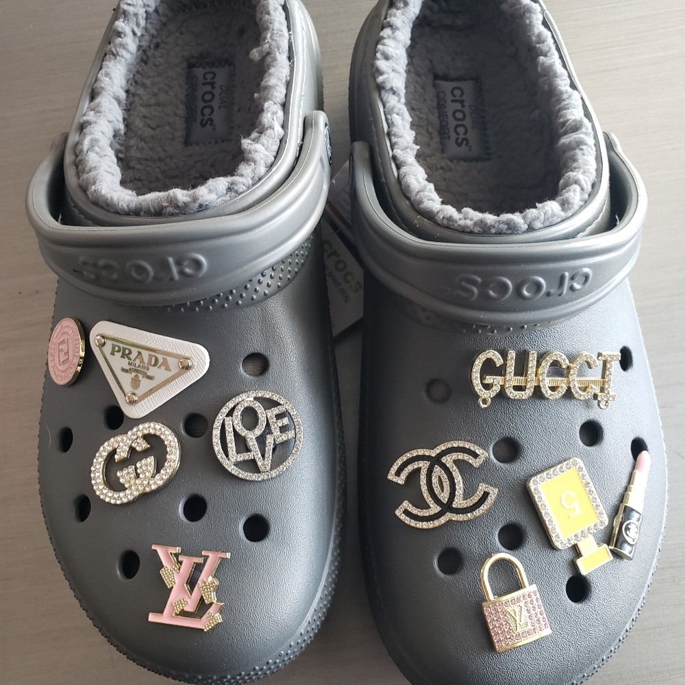 Grey Lined Classic Crocsw/ Shoe Charms